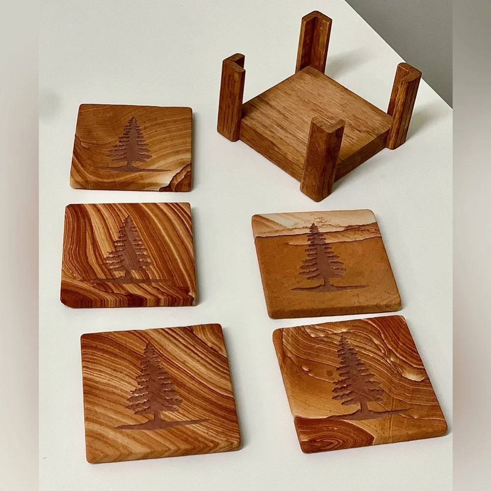 Vtg Set of 5 Evergreen Tree Engraved Marbled Sandstone Cork Lined Drink Coasters